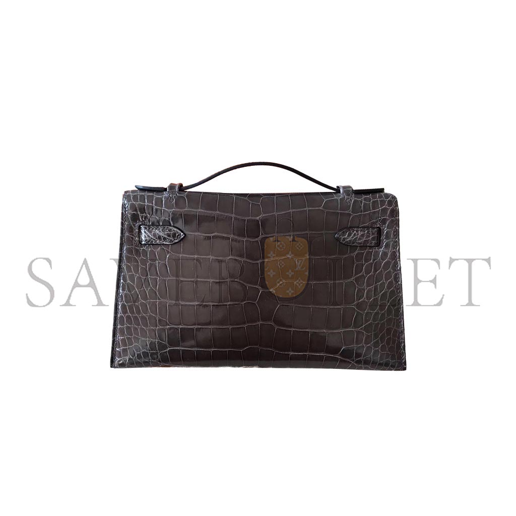 H**mes master mini kelly pochette glossy square crocodile elephant gray silver buckle (22*14*7cm)